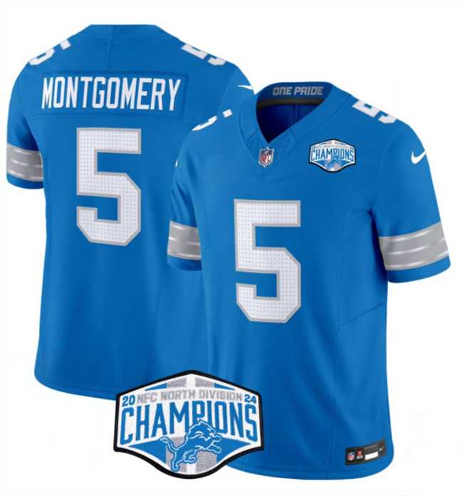 Men%27s Detroit Lions #5 David Montgomery Blue 2024 NFC North Champions F.U.S.E. Vapor Limited Stitched Jersey